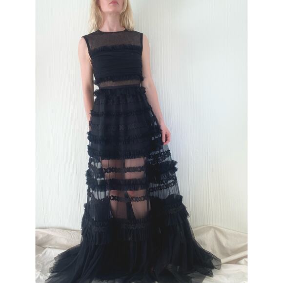 WHOLE 9 YARDS Black Tulle Ruffled Sheer Maxi Formal Gown SMALL - Picture 9 of 12